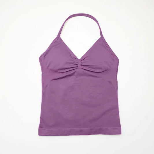 Gym Longline Strappy Top Women Seamless Yoga Tank with Removable Pads V Neck Workout Clothes Sports Running Fitness Vest