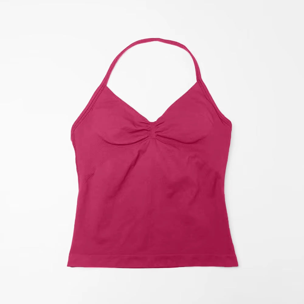 Gym Longline Strappy Top Women Seamless Yoga Tank with Removable Pads V Neck Workout Clothes Sports Running Fitness Vest