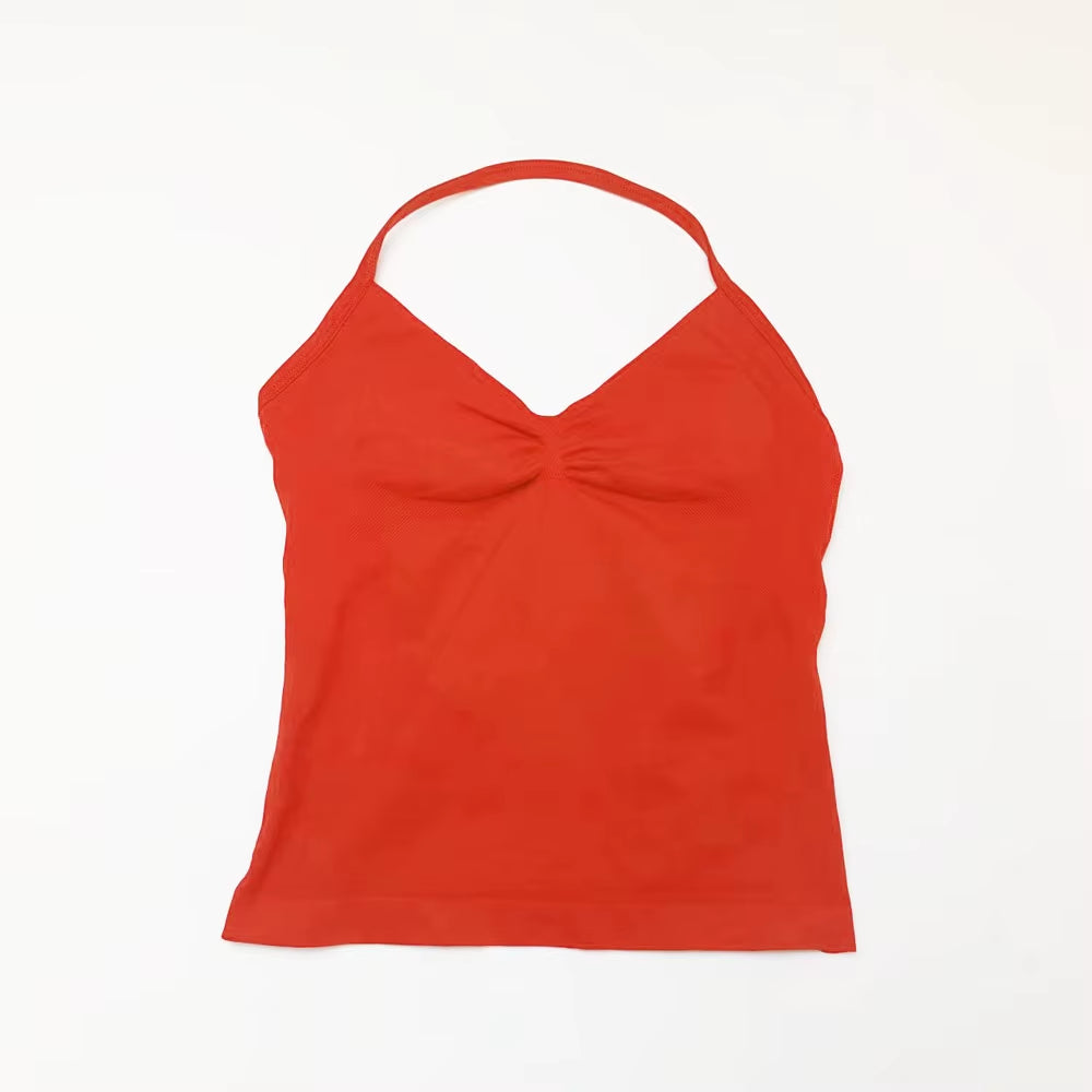 Gym Longline Strappy Top Women Seamless Yoga Tank with Removable Pads V Neck Workout Clothes Sports Running Fitness Vest